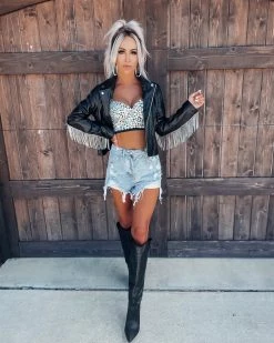 Bar T Boutique LLC Rebel Heart Rhinestone Faux Leather Jacket - Black What's New!