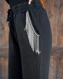 Bar T Boutique Rhinestone Detail Joggers - Black