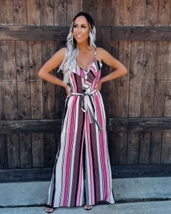 Bar T Boutique LLC Tranquil Escape Stripe Jumpsuit - Pink/Black What's New!