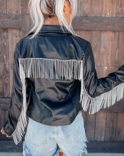 Bar T Boutique LLC Rebel Heart Rhinestone Faux Leather Jacket - Black What's New!