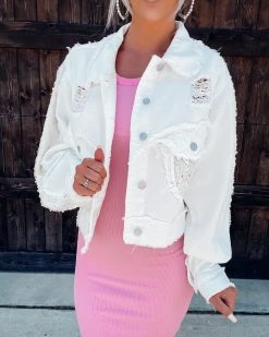 Bar T Boutique LLC Stage Of Love Sequin Denim Jacket - Ivory