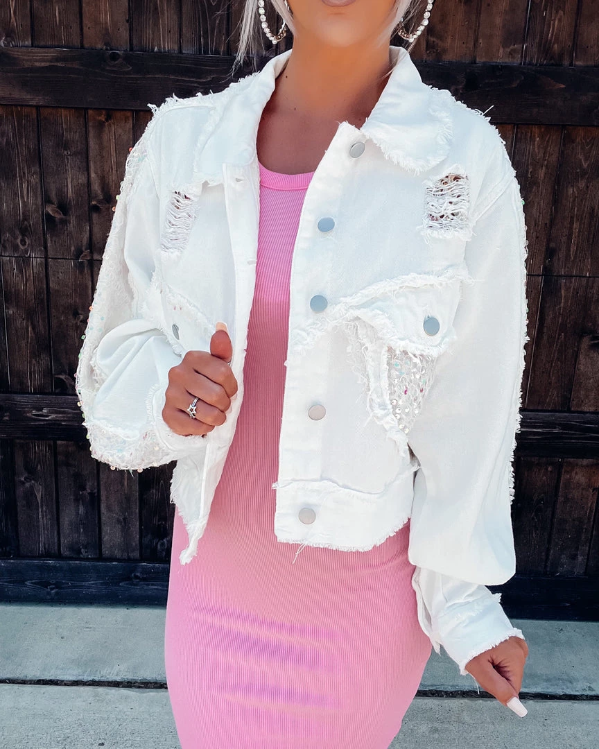 Bar T Boutique LLC Stage Of Love Sequin Denim Jacket - Ivory 2 Bar T Boutique LLC Stage Of Love Sequin Denim Jacket - Ivory