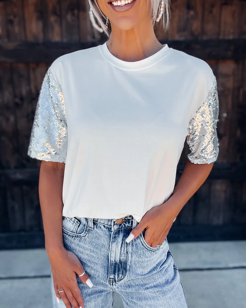 Bar T Boutique LLC What's New! Dress It Up Sequin Sleeve Top - White 1 Bar T Boutique LLC What's New! Dress It Up Sequin Sleeve Top - White