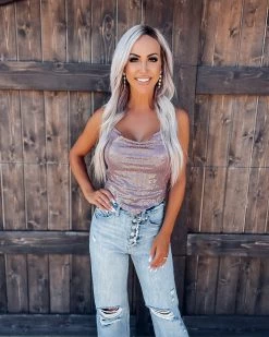 Bar T Boutique LLC Made To Shimmer Drape Neck Halter Top - Burgundy