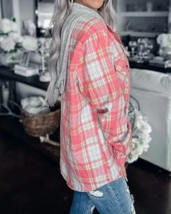 Bar T Boutique What's New! Main Focus Plaid Hooded Top - Coral