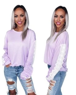 Bar T Boutique Tops Spring Bliss Lace Sweatshirt - Lilac