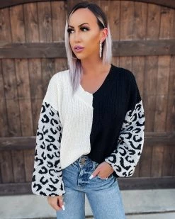 Bar T Boutique Play Along Leopard Sleeve Contrast Sweater