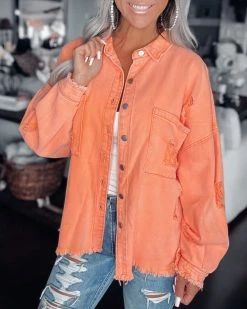Bar T Boutique LLC Summer Fun Distressed Shacket - Neon Orange What's New!