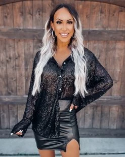 Bar T Boutique LLC Steal The Moment Sequin Button Down Top - Black