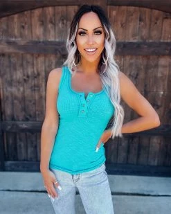 Bar T Boutique Henley Button Tank - Turquoise