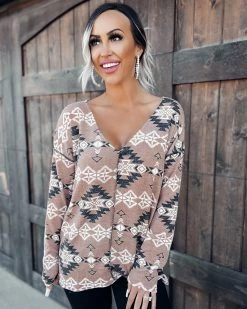 Bar T Boutique Wilderness Aztec Top - Mocha Tops