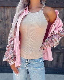 Bar T Boutique LLC Soft & Sweet Plaid Denim Shacket - Pink What's New!