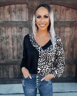 Bar T Boutique Tops Double Take Leopard Leopard Contrast Top - Black