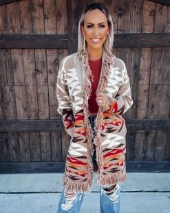 Bar T Boutique Lonesome Dove Aztec Fringed Cardigan - Taupe Outerwear