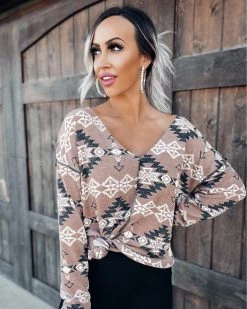 Bar T Boutique Wilderness Aztec Top - Mocha Tops