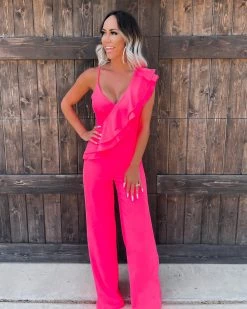 Bar T Boutique LLC What's New! Summer Soiree Ruffle Jumpsuit - Neon Pink