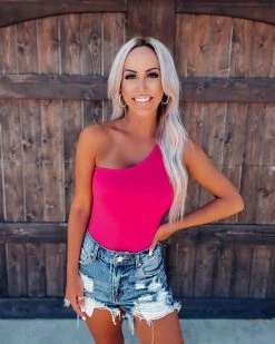 Bar T Boutique LLC Summer Break One Shoulder Bodysuit - Fuchsia