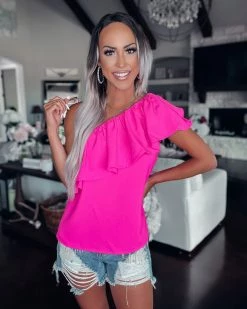 Bar T Boutique LLC Guard Your Heart Ruffle One Shoulder Top - Hot Pink