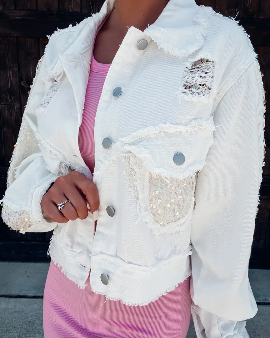 Bar T Boutique LLC Stage Of Love Sequin Denim Jacket - Ivory 1 Bar T Boutique LLC Stage Of Love Sequin Denim Jacket - Ivory