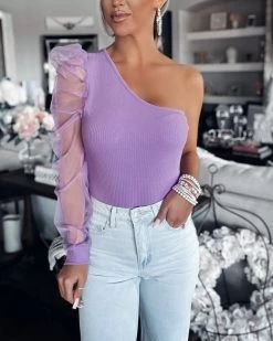 Bar T Boutique All Mine Mesh One Shoulder Bodysuit - Lavender What's New!