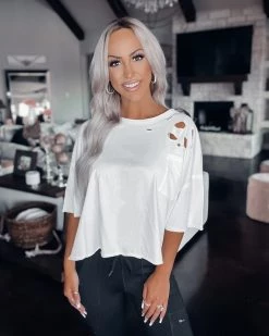 Bar T Boutique Vintage Distressed Oversized Crop Tee - White