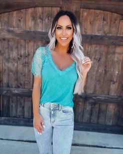 Bar T Boutique Faith Lace Vneck Top - Aqua What's New!