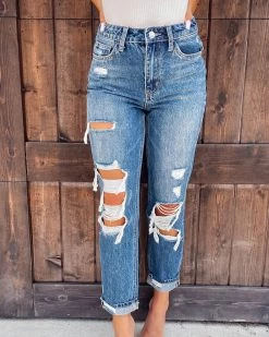 Bar T Boutique Emma Distressed Mom Jeans Bottoms