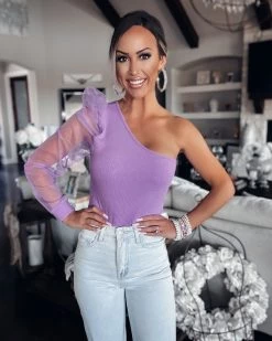 Bar T Boutique All Mine Mesh One Shoulder Bodysuit - Lavender What's New!