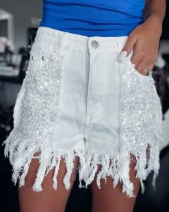 Bar T Boutique LLC Adorned Sequin Fringe Denim Shorts - Ivory What's New!