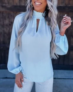 Bar T Boutique What's New! Social Butterfly Mock Neck Top - Light Blue