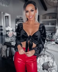 Bar T Boutique Tie The Knot Velour Crop Top - Black Tops