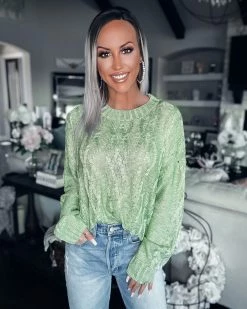 Bar T Boutique Trinity Cable Knit Sweater - Sage Tops