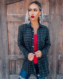 Bar T Boutique Lasting Effect Plaid Button Down - Olive Tops