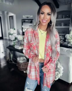 Bar T Boutique What's New! Main Focus Plaid Hooded Top - Coral
