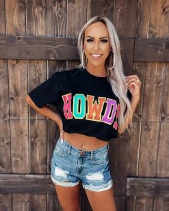 Bar T Boutique LLC What's New! HOWDY Glitter Patch Graphic Tee - Black