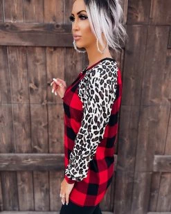 Bar T Boutique Leopard Sleeve Buffalo Plaid Tunic Tops