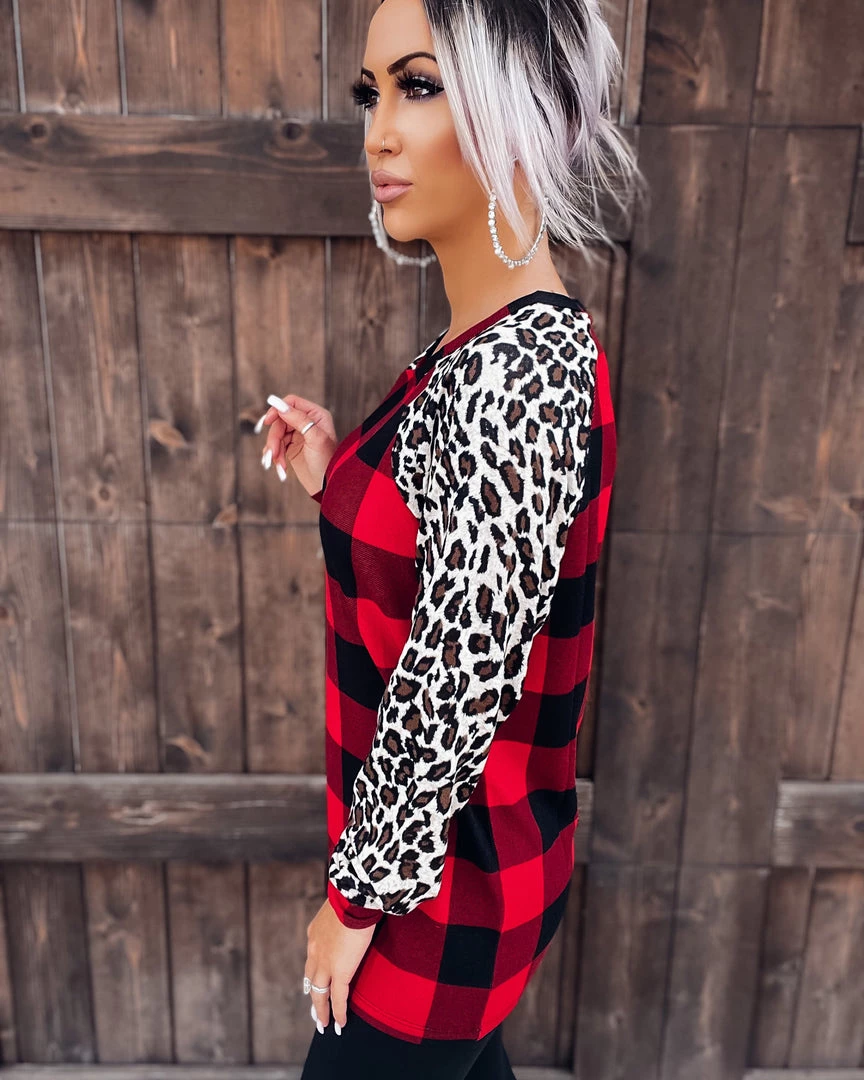 Bar T Boutique Leopard Sleeve Buffalo Plaid Tunic Tops 2 Bar T Boutique Leopard Sleeve Buffalo Plaid Tunic Tops