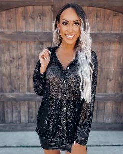 Bar T Boutique LLC Steal The Moment Sequin Button Down Top - Black