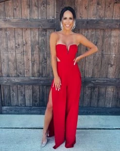 Bar T Boutique Sweet Talk Double Slit Jumpsuit - Red