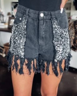 Bar T Boutique LLC Adorned Sequin Fringe Denim Shorts - Black What's New!