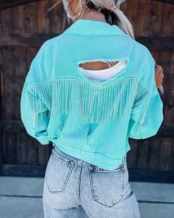 Bar T Boutique LLC What's New! Ready To Slay Rhinestone Denim Jacket - Turquoise