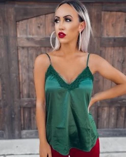 Bar T Boutique Merry Satin Lace Cami - Green
