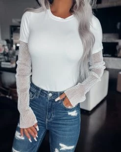 Bar T Boutique LLC What's New! Girls Night Out Rhinestone Sleeve Bodysuit - White