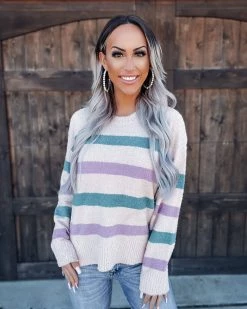 Bar T Boutique Tops In The Mix Stripe Sweater - Teal/Lavender