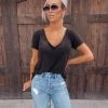 Bar T Boutique Ever So Soft Raw Cut Vneck Top - Vintage Black What's New!