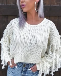 Bar T Boutique Tops Fab Fun Fringe Sweater - Ivory