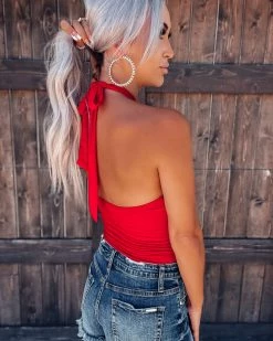 Bar T Boutique LLC What's New! Sunshine Kisses Cross Halter Bodysuit - Red