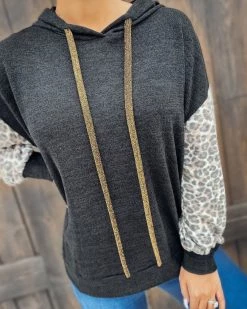 Bar T Boutique Leopard Sleeve Metallic Drawstring Hoodie Tops