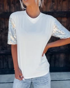 Bar T Boutique LLC What's New! Dress It Up Sequin Sleeve Top - White 3 Bar T Boutique LLC What's New! Dress It Up Sequin Sleeve Top - White