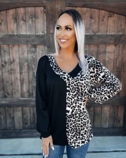 Bar T Boutique Tops Double Take Leopard Leopard Contrast Top - Black